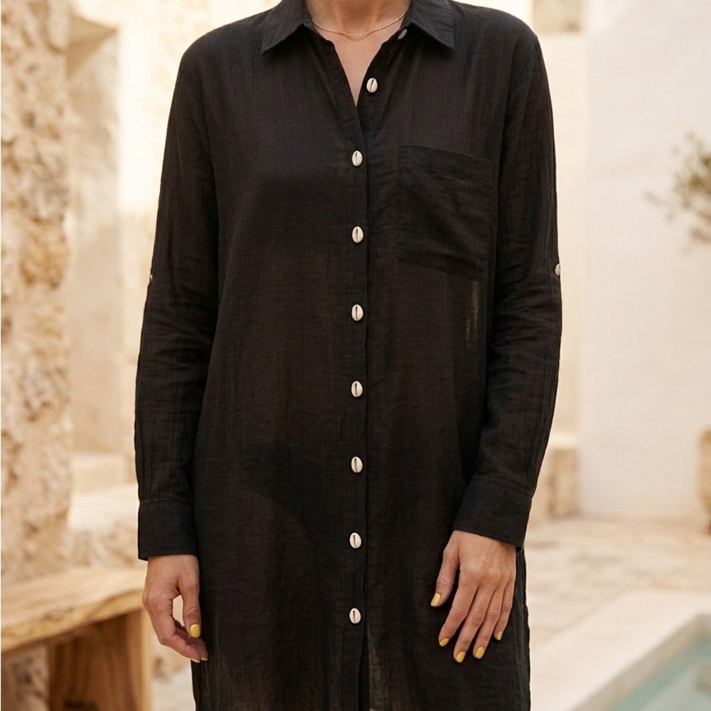 PITUSA Black Cotton Tunic Dress Cowrie Shell Coastal Resortwear Boho Coverup